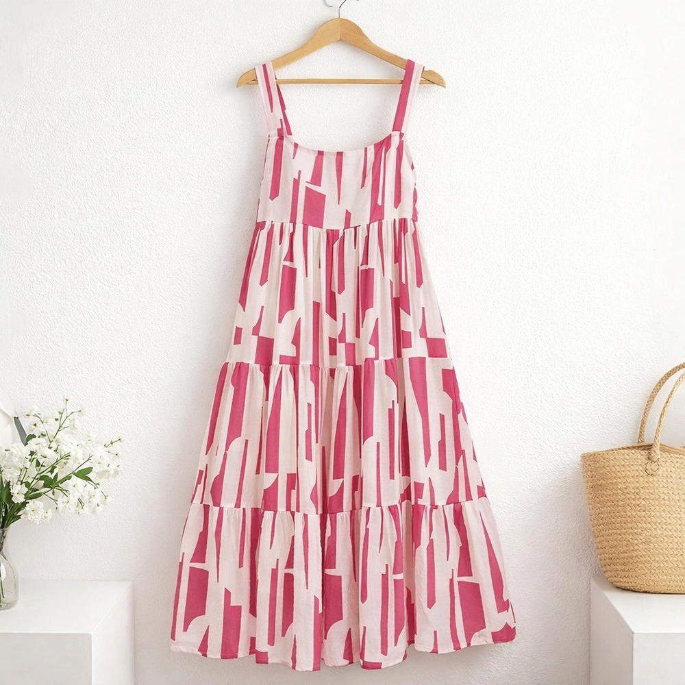 By The River Pink Cream Abstract Tiered Maxi Dress Smocked Back‎ M Resort